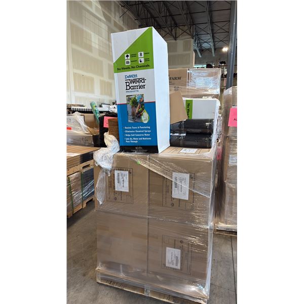 PALLET OF MIXED ITEMS INCL 4PK OF 1.25 QUART FIBER GROW COIR 504/PK, DEWITT WEED BARRIER (3' X 100')