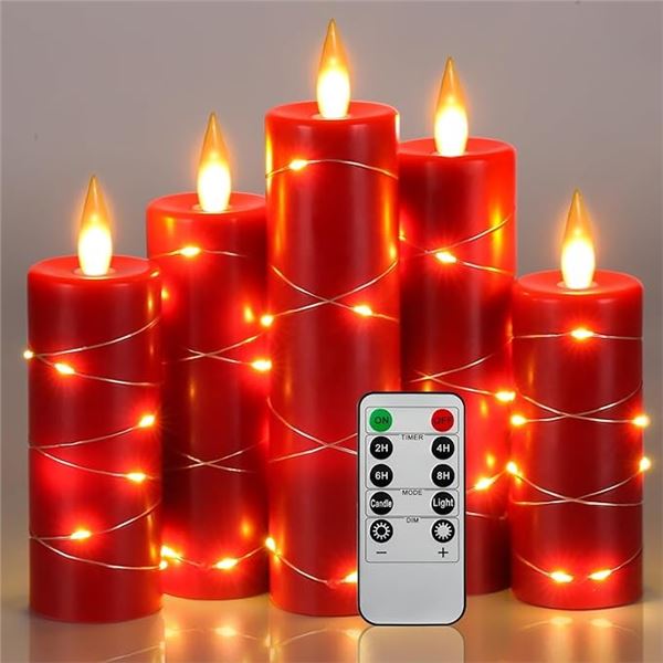 5-Pack of LED Flameless Candles with Fairy String Light Design/Dancing Flame; Remote Control (Red)