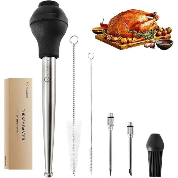 JY Cookment Premium Stainless Steel Turkey Baster/Syringe for Cooking with Cleaning Brush - New