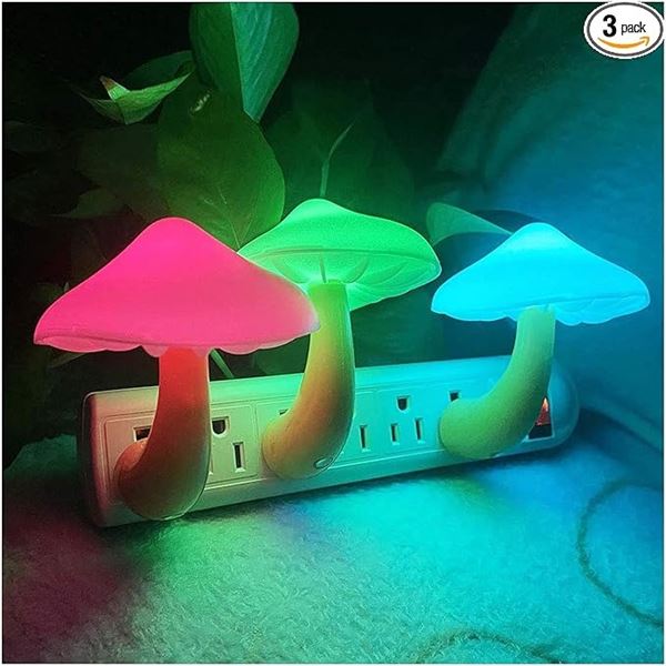 3-Pack LED Color-Changing Mushroom Plug-In Night Lights w/ Dusk to Dawn Sensor; 7-Colors - New