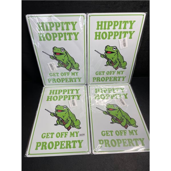 Lot of 4 "Hippity Hoppity Get Off My Property" Funny Private Property Metal Signs (12") - New