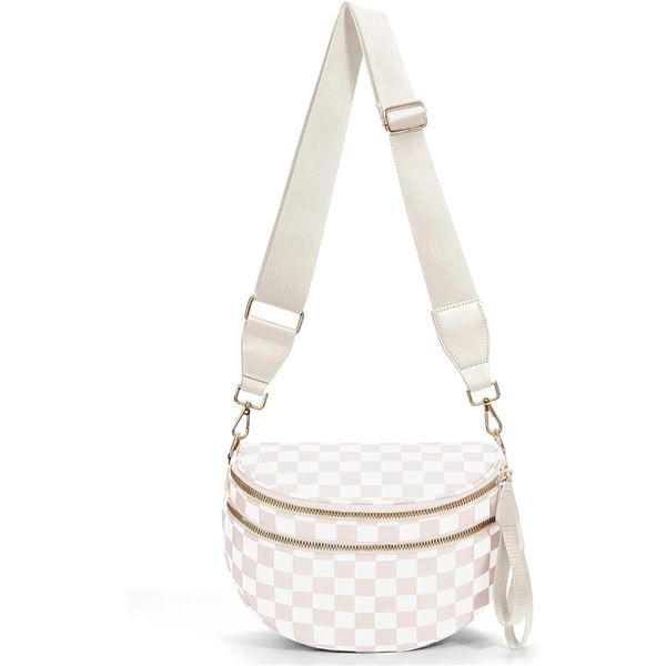 Checkered Crossbody Bag/Purse for Women - Beige/White - New