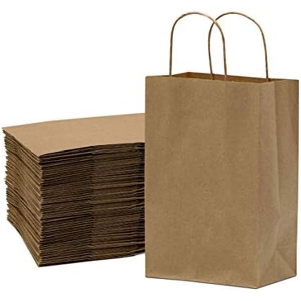 Box of 100PCS Brown Paper Gift Bags with Handles (6" x 3" x 9") - New in Box!
