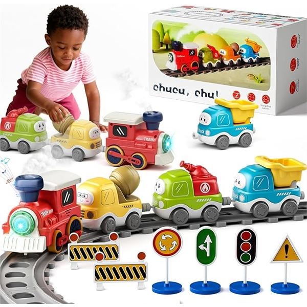 Electric Toy Train Set with Sound & Lights; Magnetic Connection Tracks & Road Signs Play Set - New