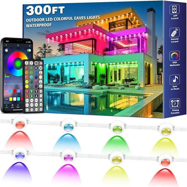 300FT Outdoor LED Colorful Lights/Waterproof Outdoor Eaves Lights Kit w/ App & Remote Control - New!
