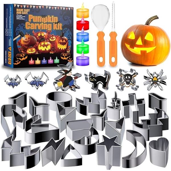 30PC Pumpkin Carving Tool Kit; Includes Stencils, Cookie Cutters, Carving Knife, LED Candles - New