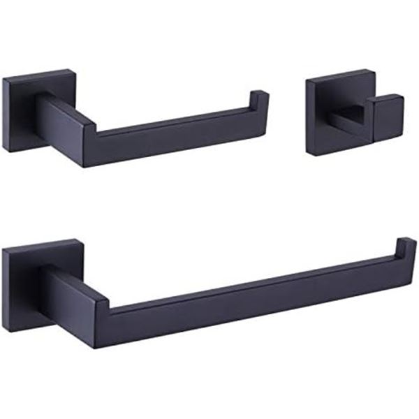 3PC Matte Black Bathroom Wall Hook Set - Towel Ring, TP Holder, & Robe/Towel Hook - New