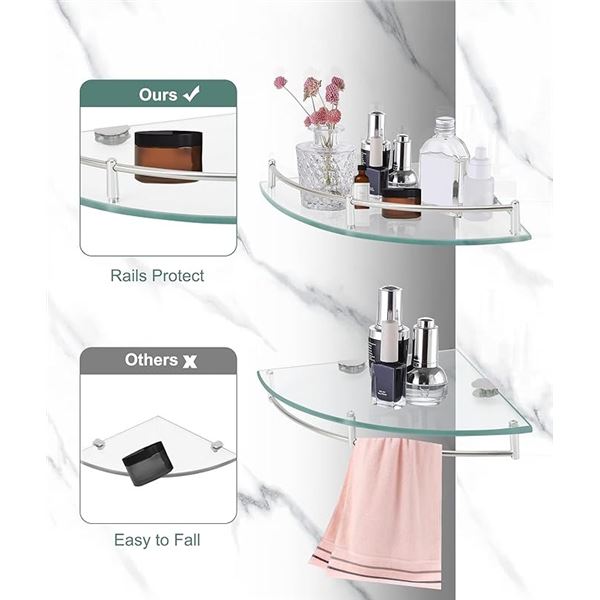 2-Pack Glass Corner Shelves with Hardware for Bathroom; Tempered Glass Shelves with Rail - New