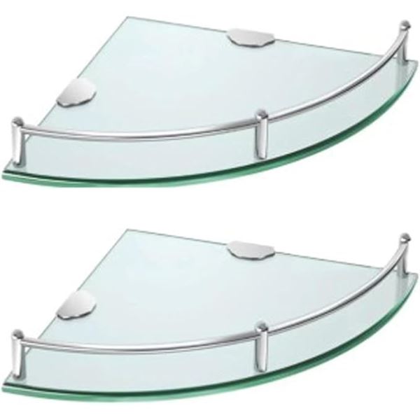 2-Pack Glass Corner Shelves with Hardware for Bathroom; Tempered Glass Shelves with Rail - New