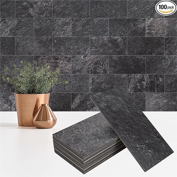 100-Sheet Pack Peel & Stick Graphite Strone Backsplash Tiles (3" x 6") DIY Stick-On Wall Tiles; New