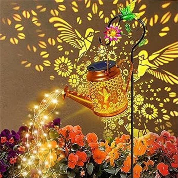 Solar Watering Can Light/Garden Decor Hummingbird Hanging Lantern Light Watering Can - New in Box