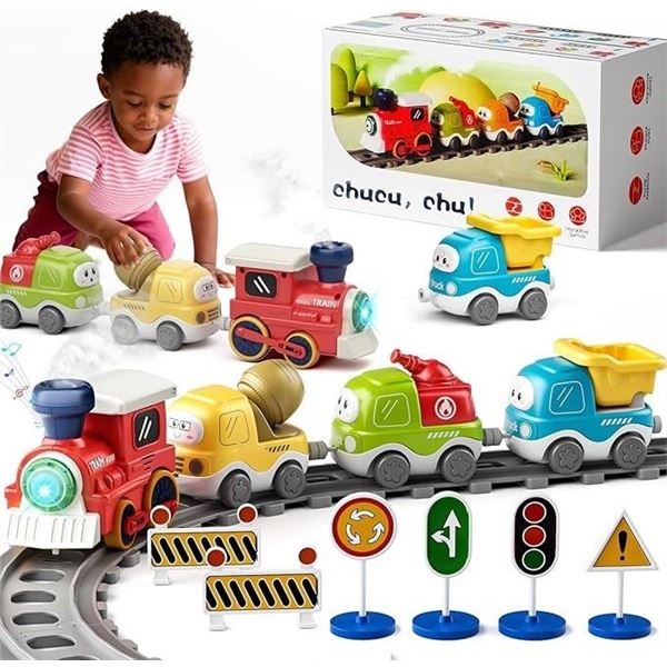 Electric Toy Train Set with Sound & Lights; Magnetic Connection Tracks & Road Signs Play Set - New