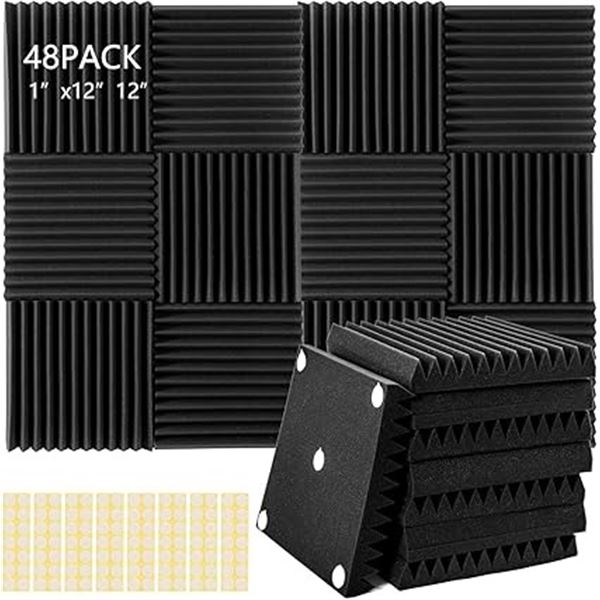 48-Pack Acoustic Foam Sound-Proof Panels for Walls - Soundproof Noise-Reducing Panels - New