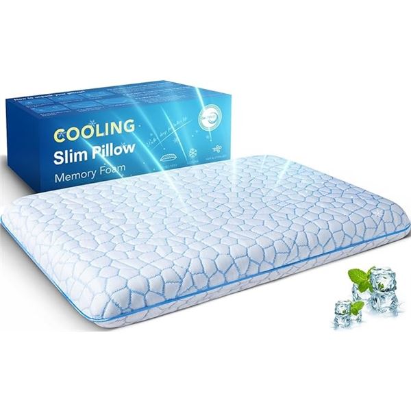 Cooling Thin Memory Foam Pillow - Slim Low-Profile Pillow for Stomach/Back Sleepers - New Sealed
