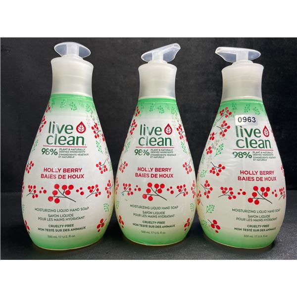 3 Bottles of Live Clean Holly Berry Moisturizing Liquid Hand Soap (500ml) - New