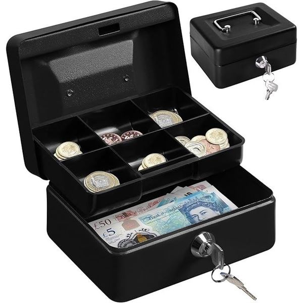 Metal Cash Box/Locking Money Storage Box with 2 Keys - 6-Inch Size (Black) New Sealed