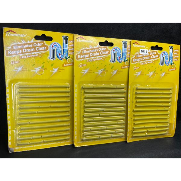 3 Packs Hommate Drain Cleaner Sticks/Odor Eliminator Sticks (12pcs) Lemon Scent - New
