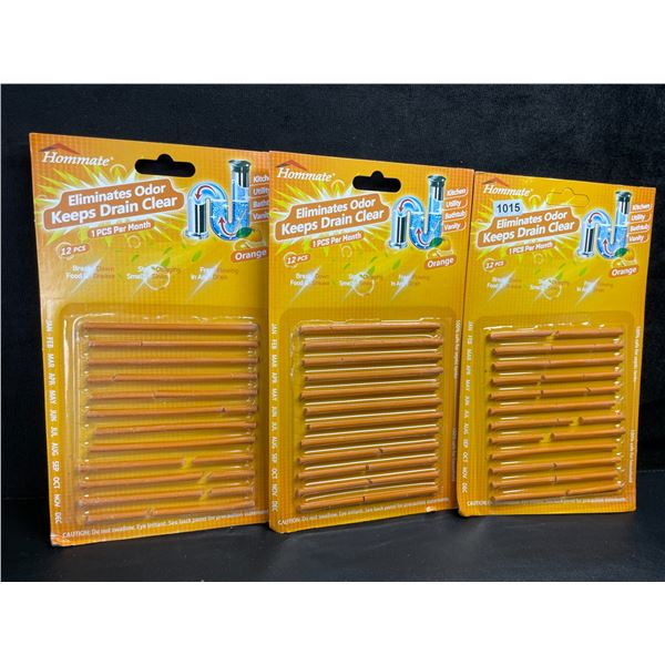 3 Packs Hommate Drain Cleaner Sticks/Odor Eliminator Sticks (12pcs) Orange Scent - New