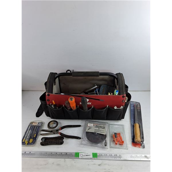 Husky Tool Caddy, Wire Strippers, Saw Blades, Utility Knife, Screwdriver, Misc