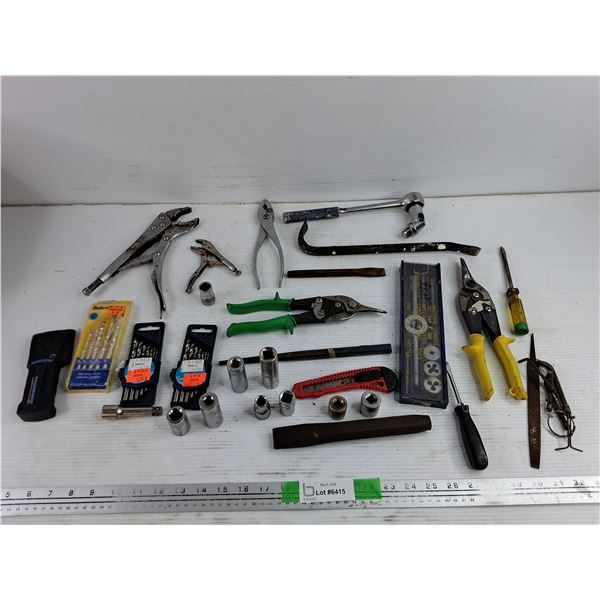 Vise Grips, Ratchet Wrench, Tap & Die Set, Tin Shears, Drill Bits, Screwdrivers, Misc