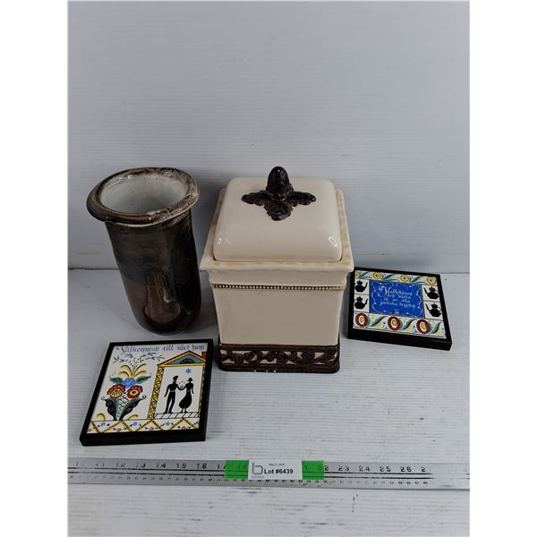 Pottery Vase, Cookie Jar, (2) Framed Tile Arts