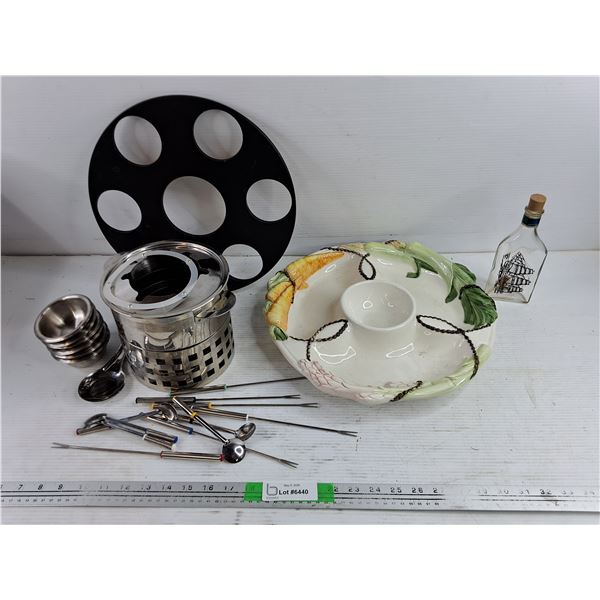 Lazy Susan Meat Fondue Set, Ceramic Chip & Dip Dish, Glass Bottle