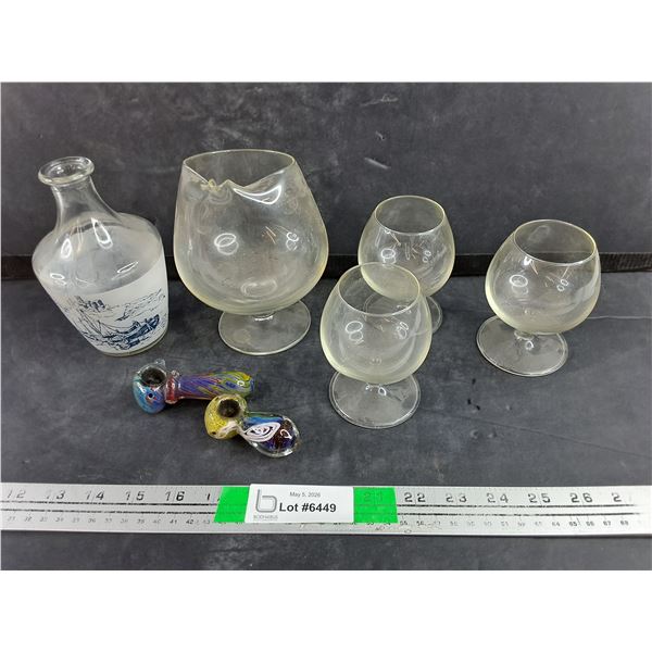Glass Decanter, Glass Goblets & (2) Glass Smoking Pipes