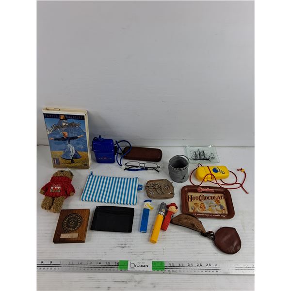 The Sound of Music VHS, Coin Wallets, Wales Stuffed Bear, Glasses, Pez Dispensers, Misc