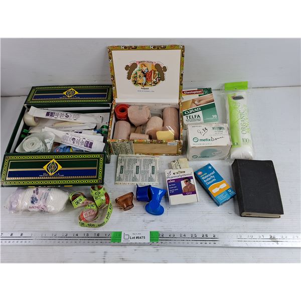 Cigar Boxes, First Aid Supplies, Eye Patch, Pocket Bible, Measuring Tape, Misc