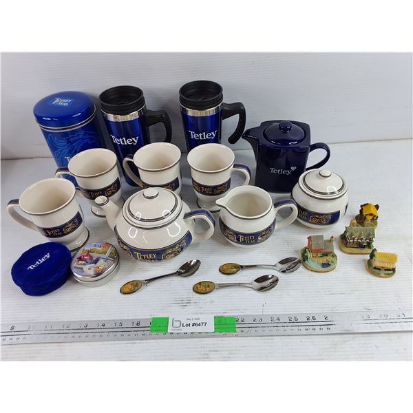 Tetley Teas Cream & Sugar Set, Tea Pot, Spoons, Tumblers, Storage Canister, House Ornaments