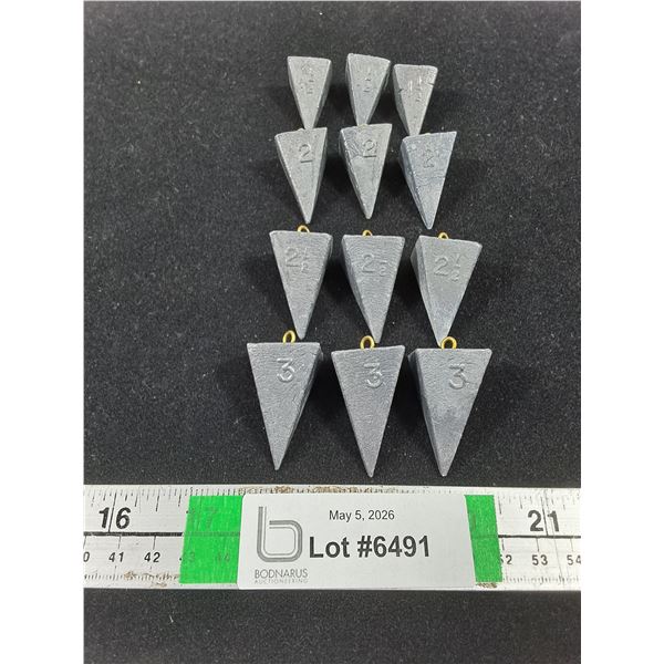 (12) Lead Fishing Weights- 1.5 oz. to 3 oz.