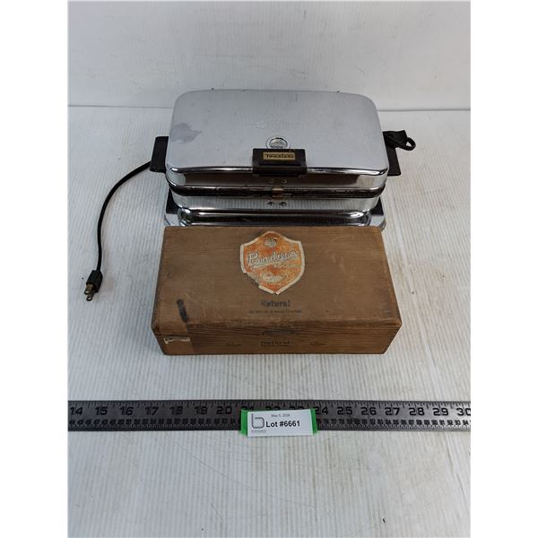 Toastess Electric Waffle Iron - Untested, As is, Vintage Pandora Wooden Cigar Box