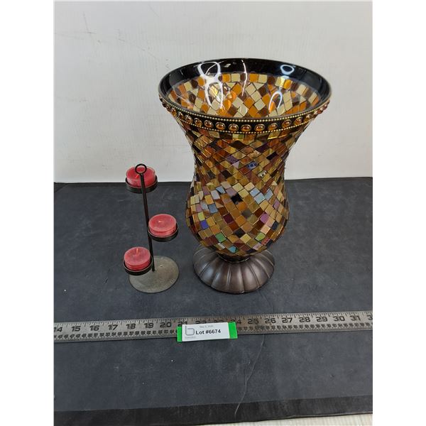 Partylite Glass Tile Vase, 3-Tier Tealight Candle Holder w/Candles - PICK UP