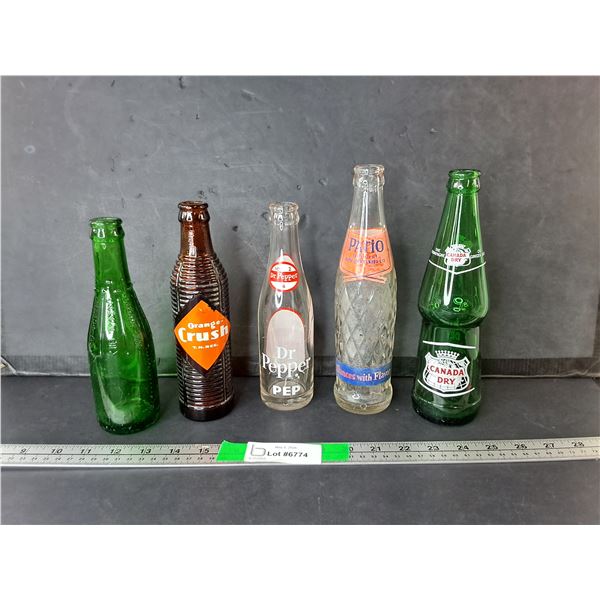 (5) Vintage Glass Bottles- Dr. Pepper, Orange Crush, Canada Dry, Misc.