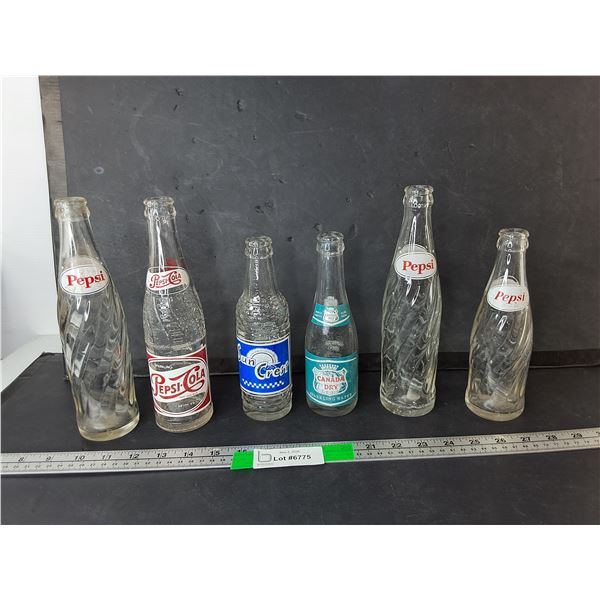 (6) Vintage Glass Bottles- Pepsi, Canada Dry, Sun Crest