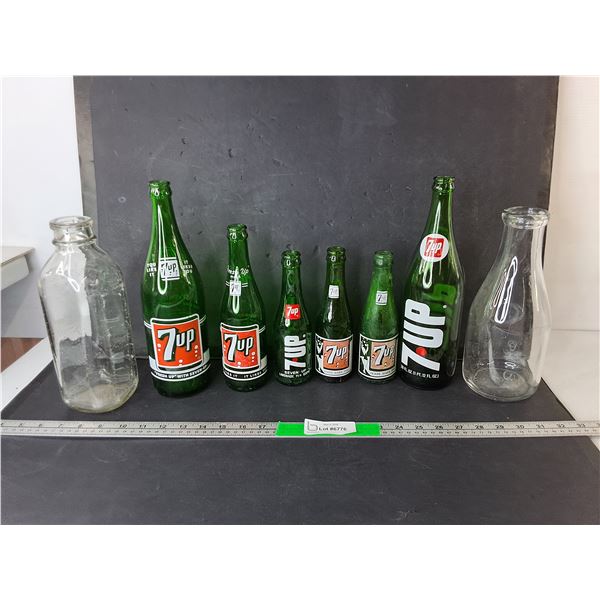 (6) Vintage Glass 7 Up Bottles Up to 12" & (2) Milk Bottles - PICK UP