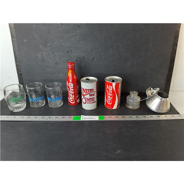 Vintage Coca-Cola & 7Up Cans, Glasses, Inkwell, Misc.