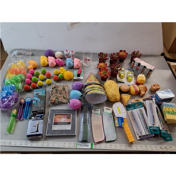 Various Squishy Toys, Easter Eggs/Stamps, Various Pens, Fake Plants, Misc