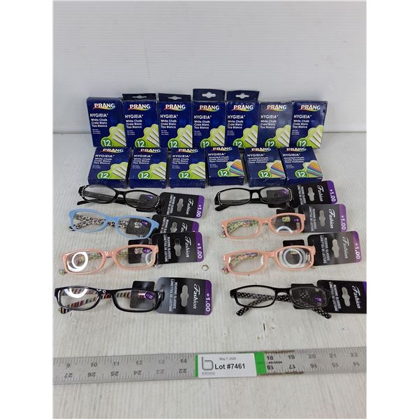 Prang Chalk, White & Colourless, & Various Reading Glasses