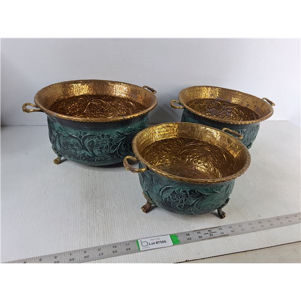 (3) Decorative Brass Planters w/ Floral Design