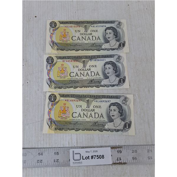 (3) Vintage Canadian 1 Dollar Bills - 1973
