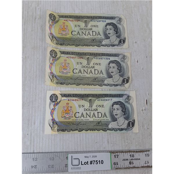 (3) Vintage 1 Dollar Canadian Bills - 1973