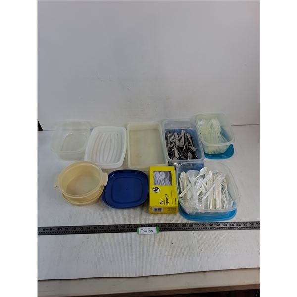 Assorted Plastic Food Storage Containers & Assorted Stainless Steel & Plastic Cutlery