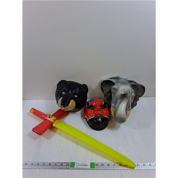 Various Plastic Masks, Plastic Toy Sword 24.5"