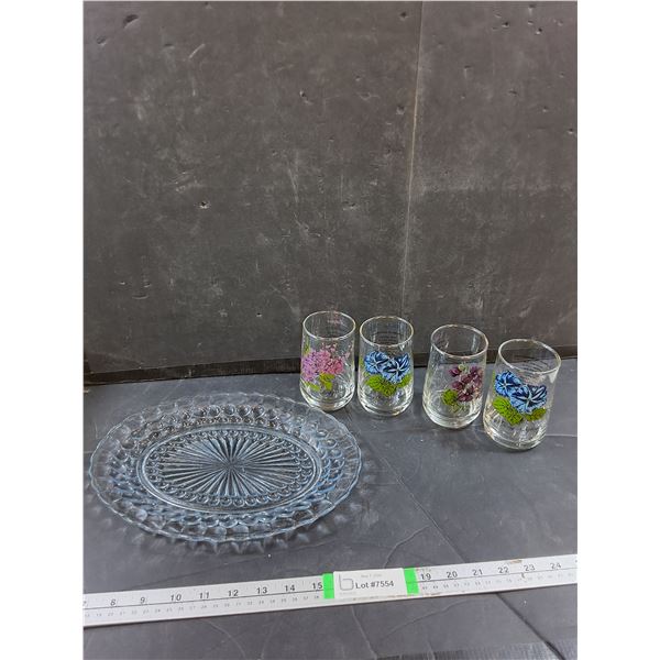 (4) Decorative Glasses, Glass Dish 12"x9"
