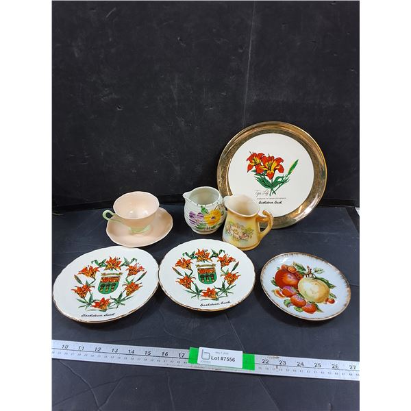 Saskatchewan Themed Decorative Plates Up To 9 1/4" Dia, Tea Cup And Dish, Gravy Cups