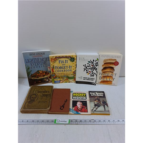 Various Books On Themes Of- Cooking, Weight Loss, Hockey, Abe Lincoln