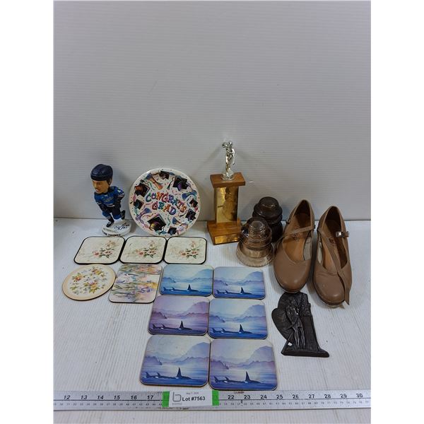 (2) Vintage Insulators, (11) Coasters, Sask Blades Dalton Thrower Signed Bobblehead, Tap Shoes- 7.5