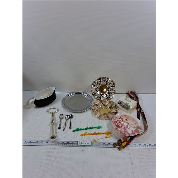 (3) Metal Decorative Plates Up To 8", Ceramic Gravy Boat, (3) Souvenir Spoons, Kids Suspenders, Plat