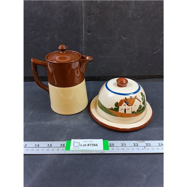 Torquay Pottery Butter Dish 5", Tea Pot 5.5"